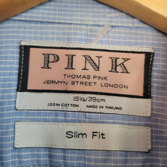 Thomas Mens Button-Up Shirt 15.5 Blue Cotton Striped Slim Fit Long Sleeves - Picture 3 of 7